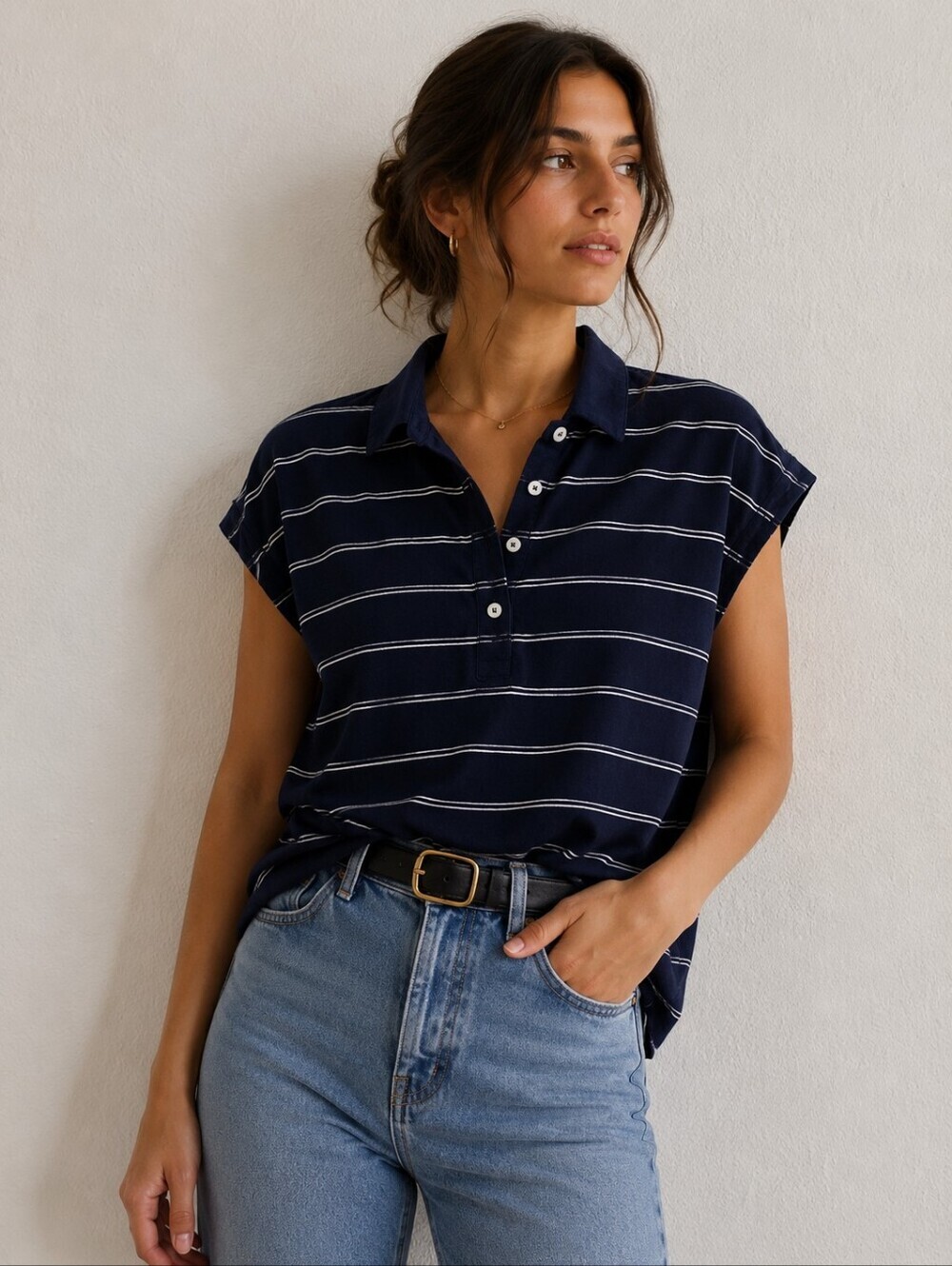 Simons Contemporaine Organic Cotton Navy & White Striped Preppy Polo Button-Down